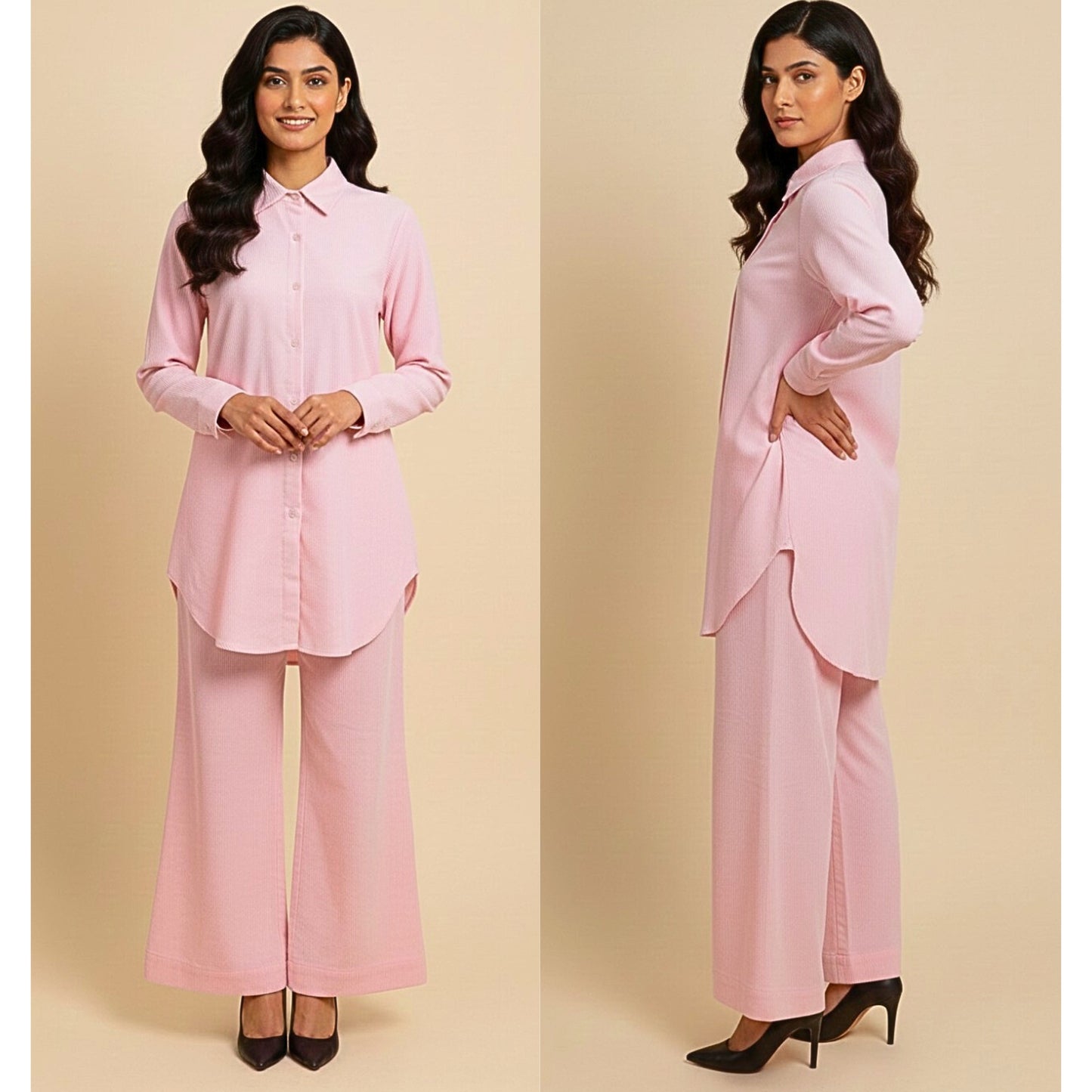 Woman wearing a pink outfit on a beige background