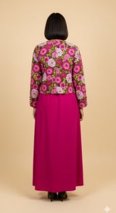 Person wearing a floral top and pink skirt on a beige background