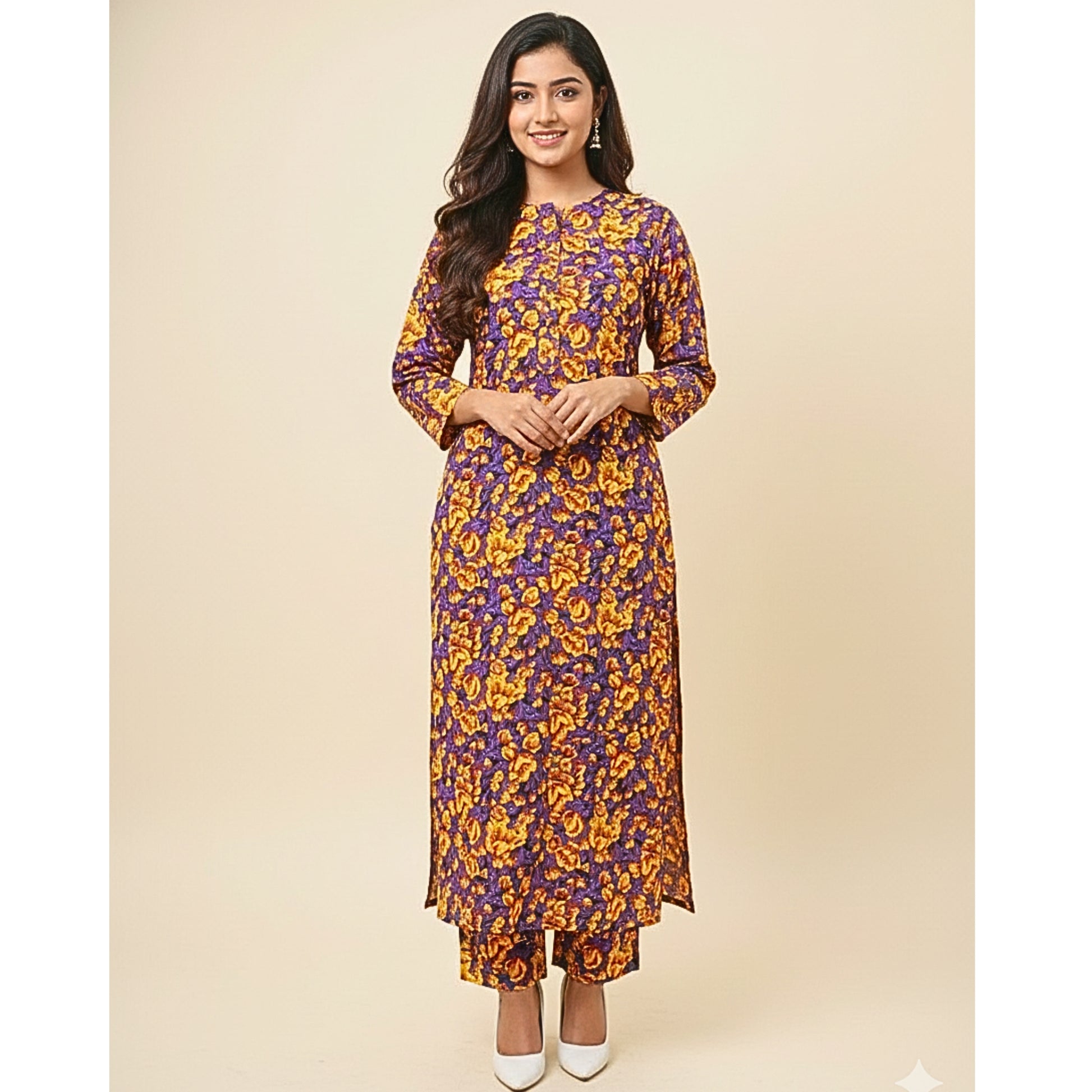 Woman wearing a purple and yellow floral dress on a beige background