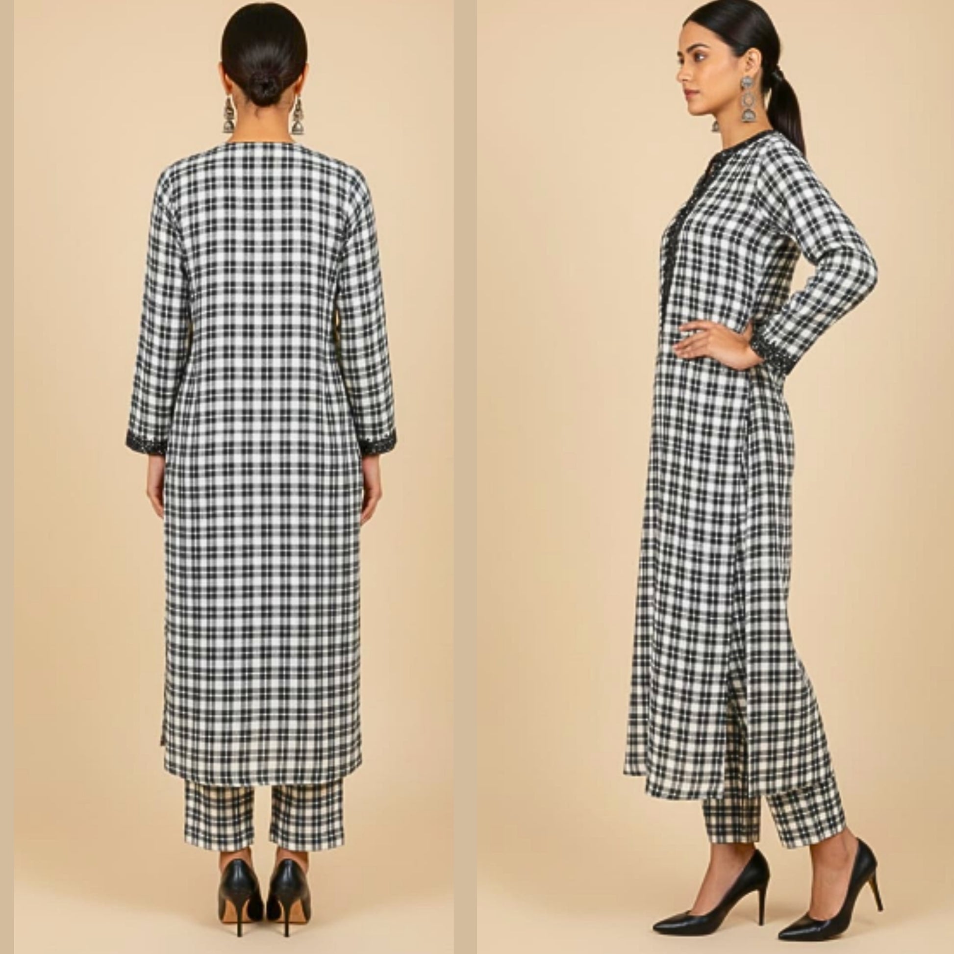 Woman wearing a black and white checkered outfit on a beige background