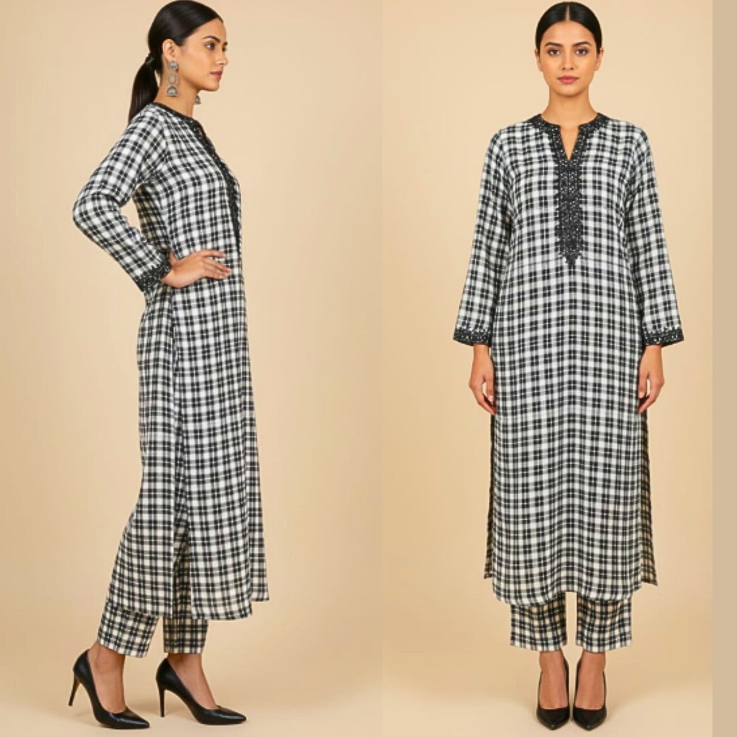 Woman wearing a black and white checkered outfit on a beige background