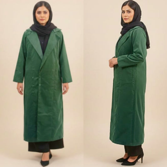 Woman wearing a green coat and black hijab on a beige background