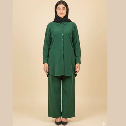 Woman wearing a green outfit on a beige background