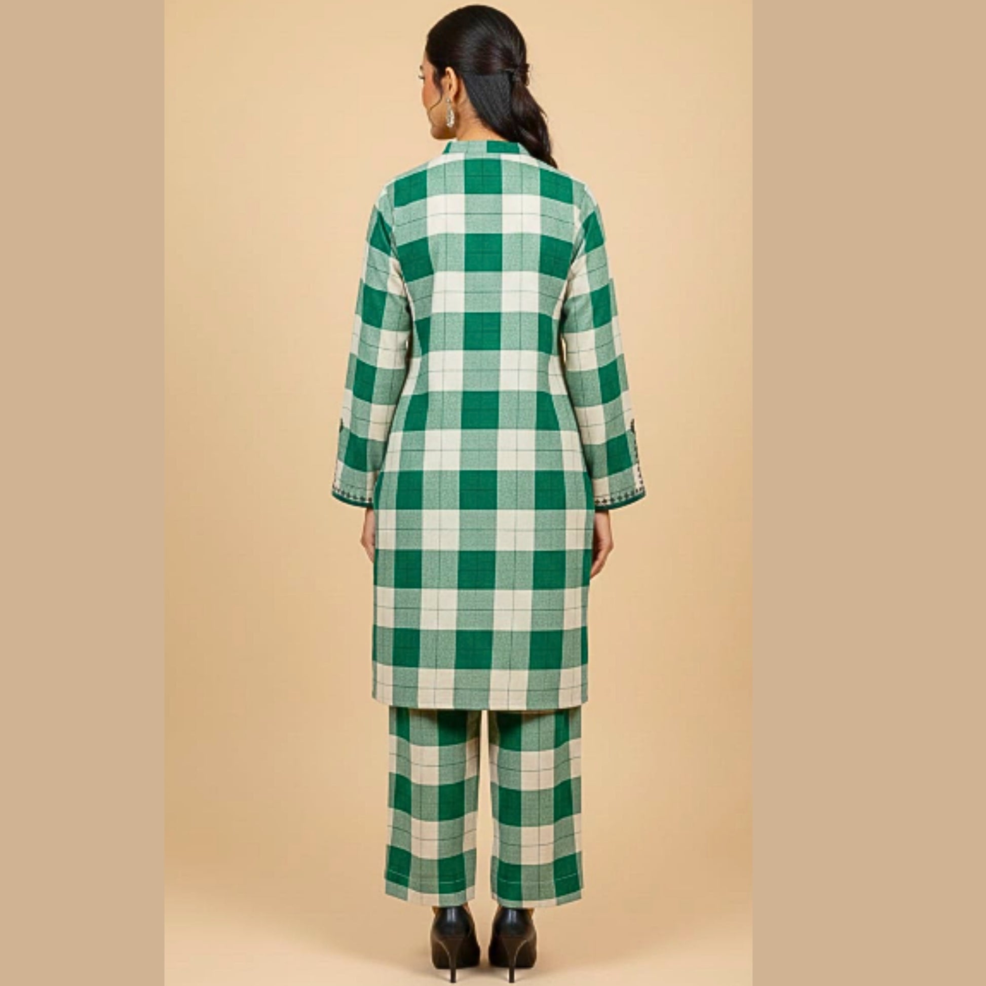 Green and white checkered outfit on a beige background
