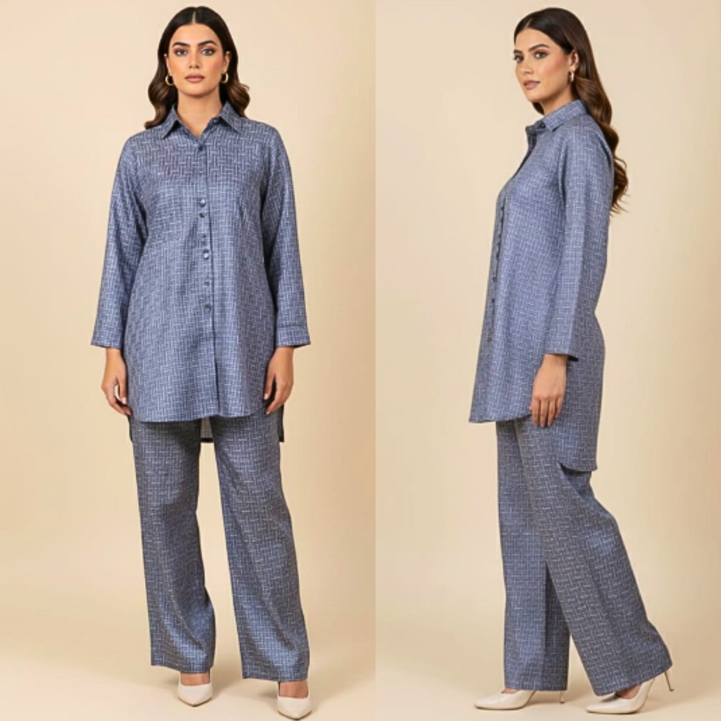 Woman wearing a blue checkered outfit on a beige background